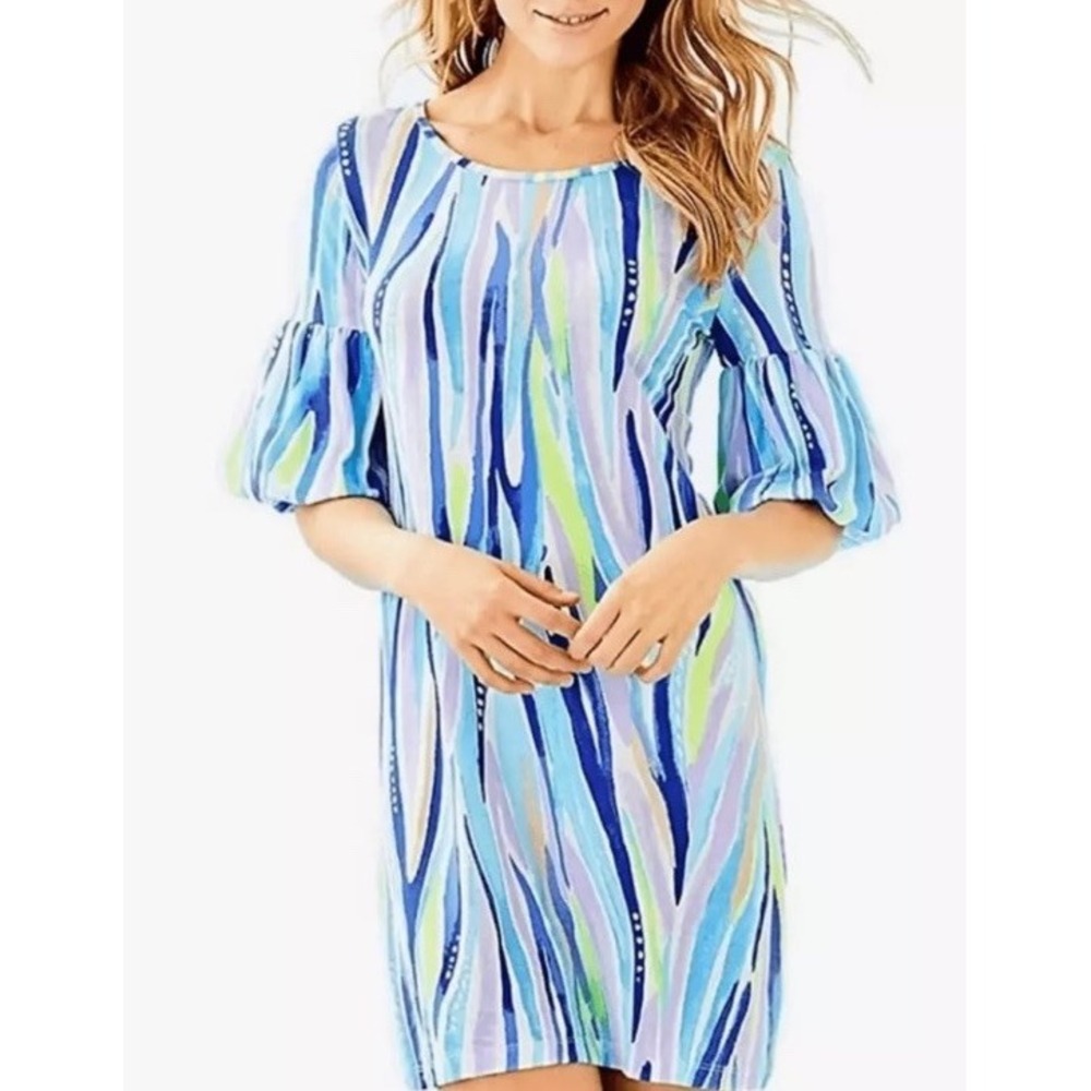 Lilly Pulitzer Shore Perfection  bell sleeve dress , blue/purple,‎ size XS